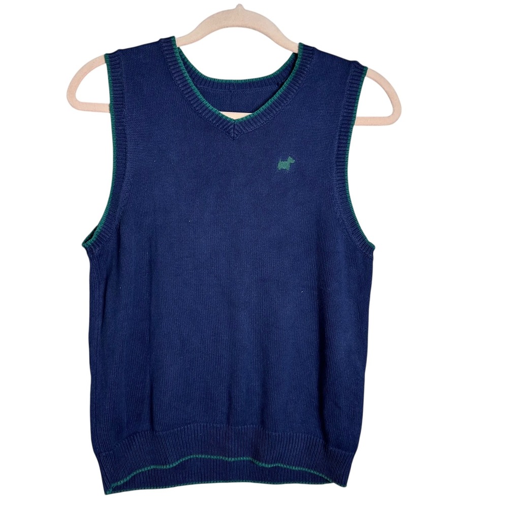 Classic Navy Blue V Neck Sweater Vest Green Trim Scottie Dog‎ Embroidered preppy